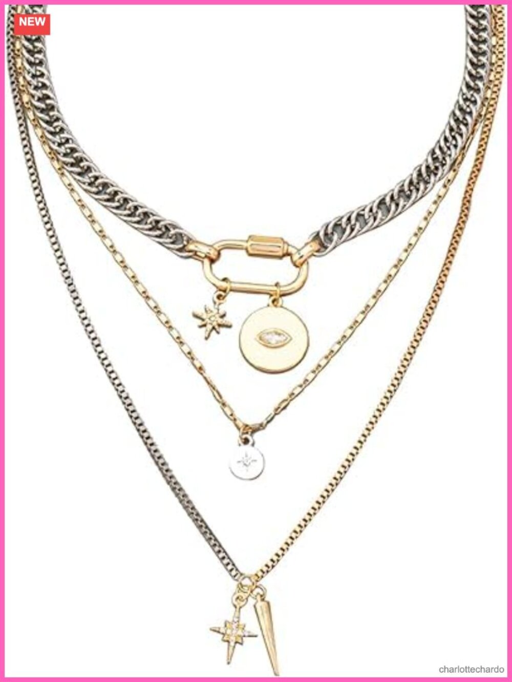 Layered Necklace Set 3 Strand Mixed Metal Chunky Statement Chain